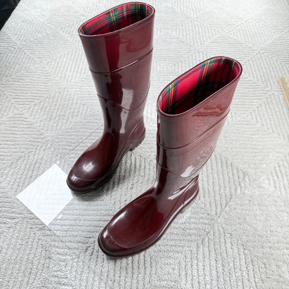 Napa Flex Rain Boots Womens 38 Burgundy Glossy Plaid Lined Italy Lug Utility